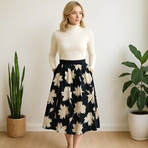 #056 MADISON & MERCER | Black & Cream Pleated Midi Skirt - Medium